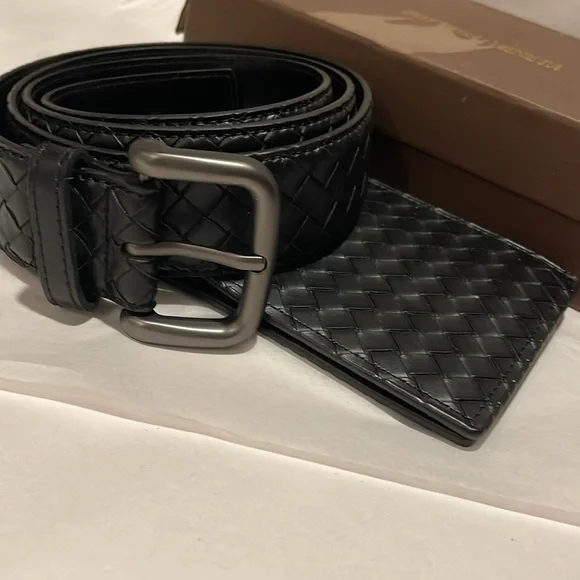 Black woven set wallet and belt size 120